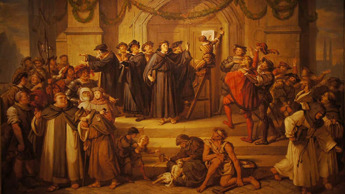 Painting of Luther nailing 95 theses