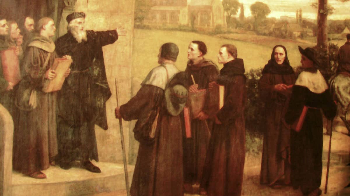 John Wycliffe is shown giving the Bible translation that bore his name to his Lollard followers.