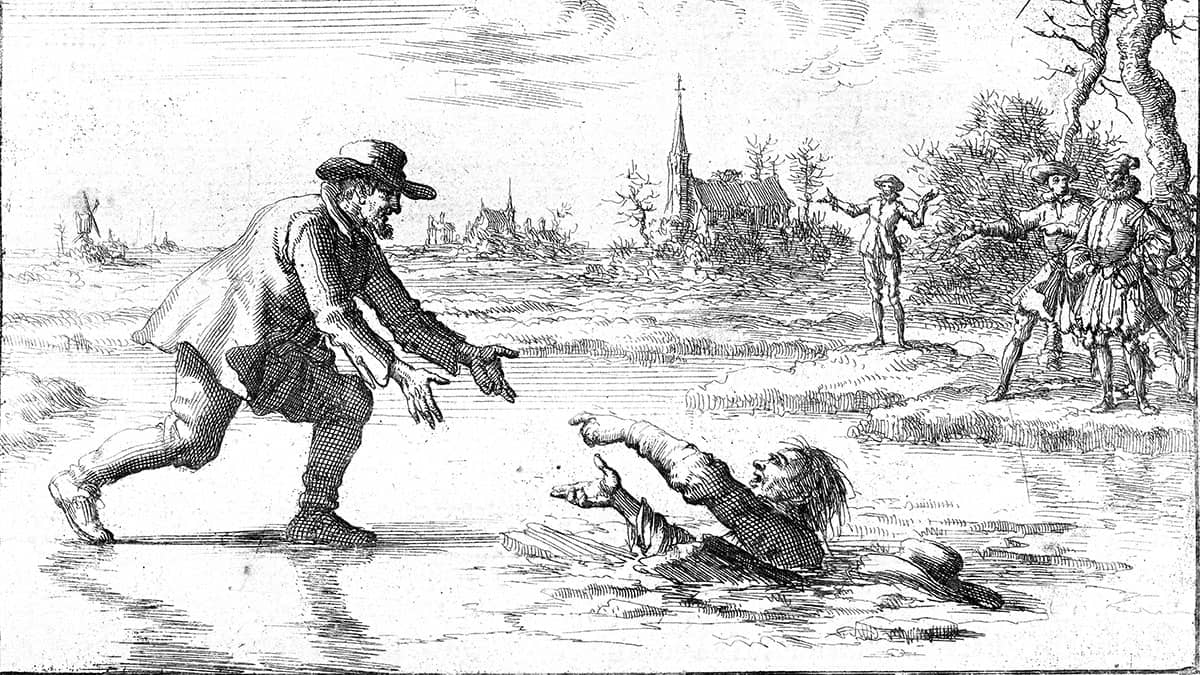 Dirk Willems (picture) saves his pursuer. This act of mercy led to his recapture, after which he was burned at the stake near Asperen (etching from Jan Luyken in the 1685 edition of Martyrs Mirror.